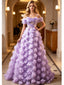 Lavender Off Shoulder 3D Floral Tulle A-Line Long Prom Gown,PDS118606
