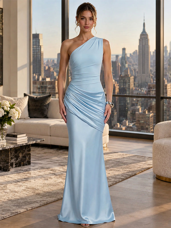Luxury Baby Blue One Shoulder Ruched Satin Mermaid Evening Dress,PDS118814