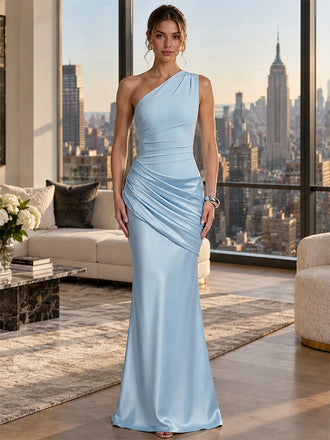Luxury Baby Blue One Shoulder Ruched Satin Mermaid Evening Dress,PDS118814