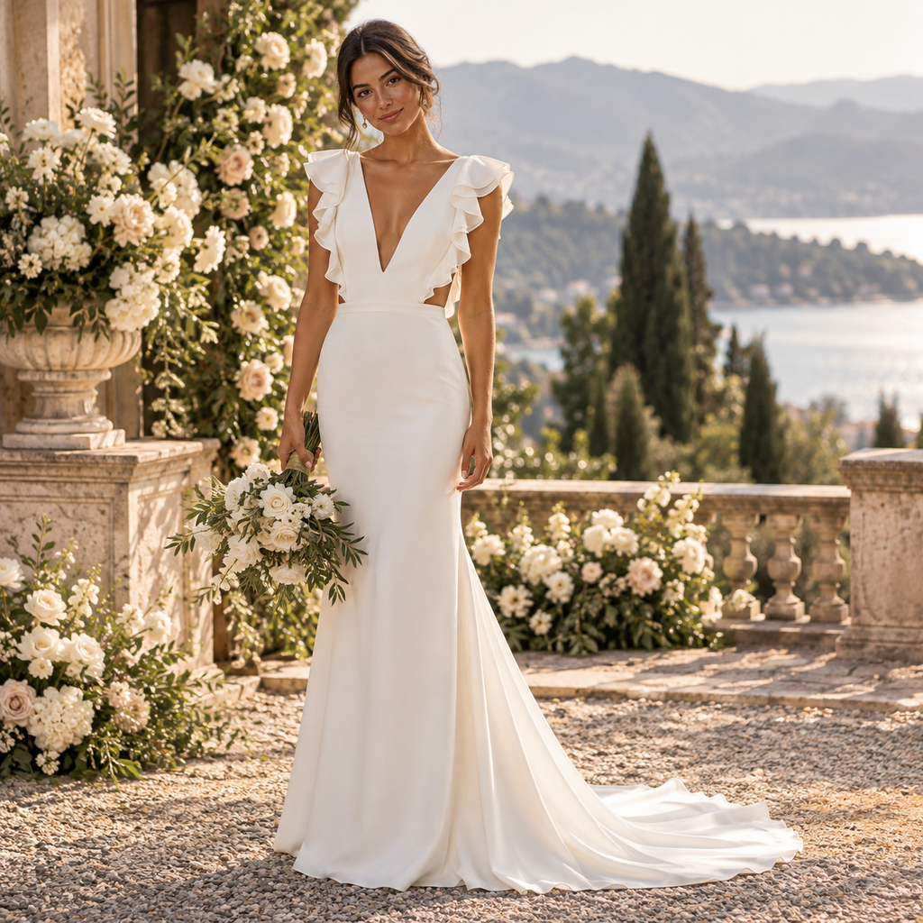 Chic Deep V Ruffle Strap Cutout Waist Chiffon Mermaid Wedding Dress, WD0402