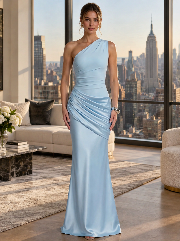 Luxury Baby Blue One Shoulder Ruched Satin Mermaid Evening Dress,PDS118814