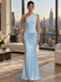 Luxury Baby Blue One Shoulder Ruched Satin Mermaid Evening Dress,PDS118814