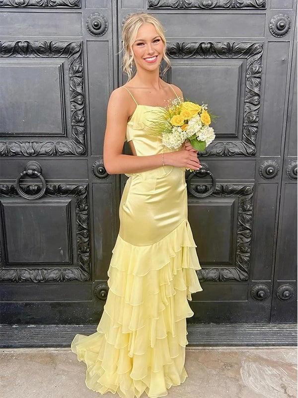 Yellow Spaghetti Straps Ruffles Side Slit Mermaid Long Prom Party Dress,PDS11761