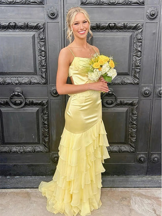 Yellow Spaghetti Straps Ruffles Side Slit Mermaid Long Prom Party Dress,PDS11761