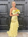 Yellow Spaghetti Straps Ruffles Side Slit Mermaid Long Prom Party Dress,PDS11761