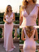 Baby Pink V-neck Bowknot Sleeveless Mermaid Long Prom Party Dress,PDS11830