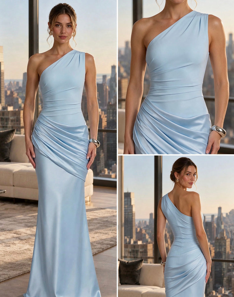 Luxury Baby Blue One Shoulder Ruched Satin Mermaid Evening Dress,PDS118814