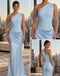 Luxury Baby Blue One Shoulder Ruched Satin Mermaid Evening Dress,PDS118814