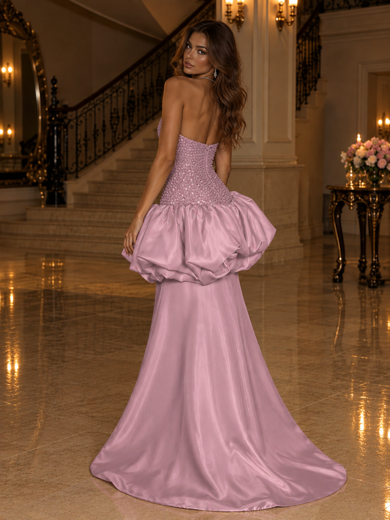 Lovely Dusty Pink Sequin Satin Strapless Puffy Skirt Long Prom Dress,PDS118784