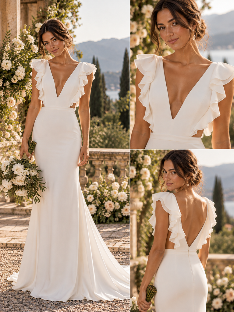 Chic Deep V Ruffle Strap Cutout Waist Chiffon Mermaid Wedding Dress, WD0402