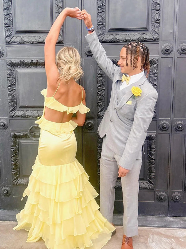 Yellow Spaghetti Straps Ruffles Side Slit Mermaid Long Prom Party Dress,PDS11761
