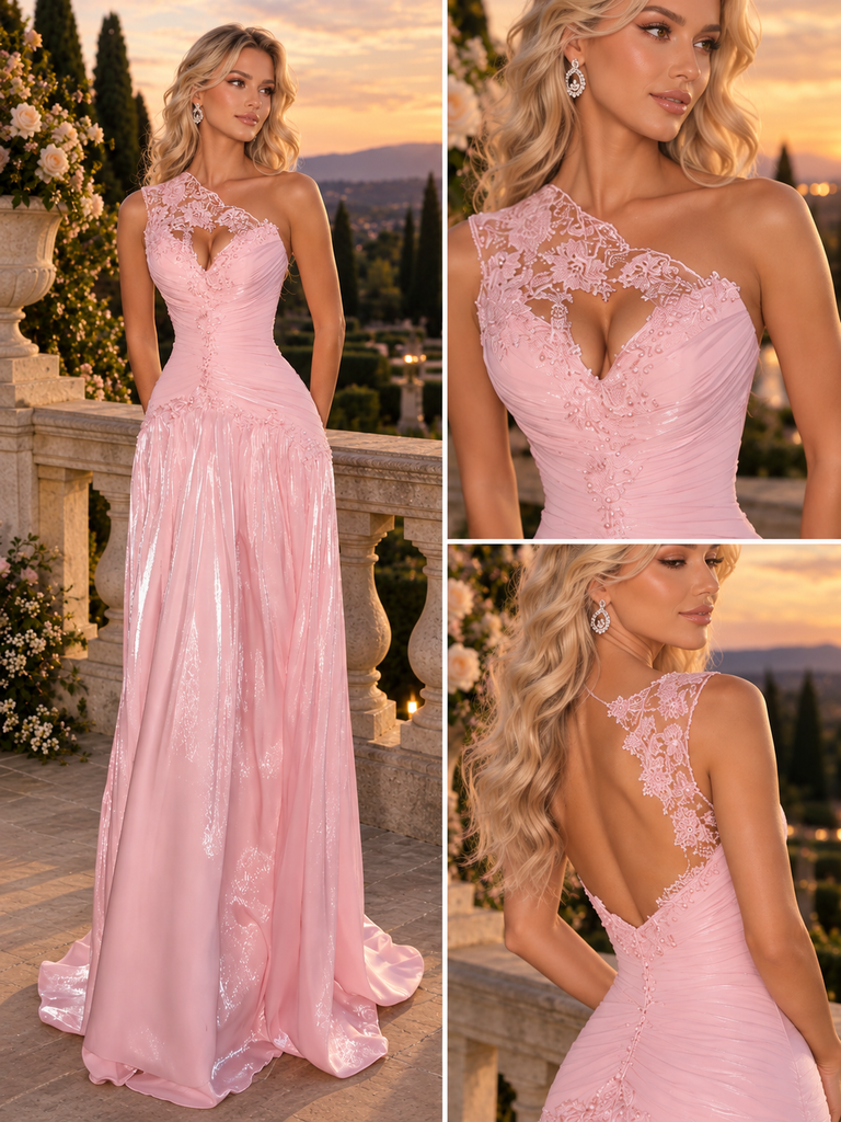 Gorgeous Pink One Shoulder Lace Shimmer A-Line Prom Dress,PDS118543