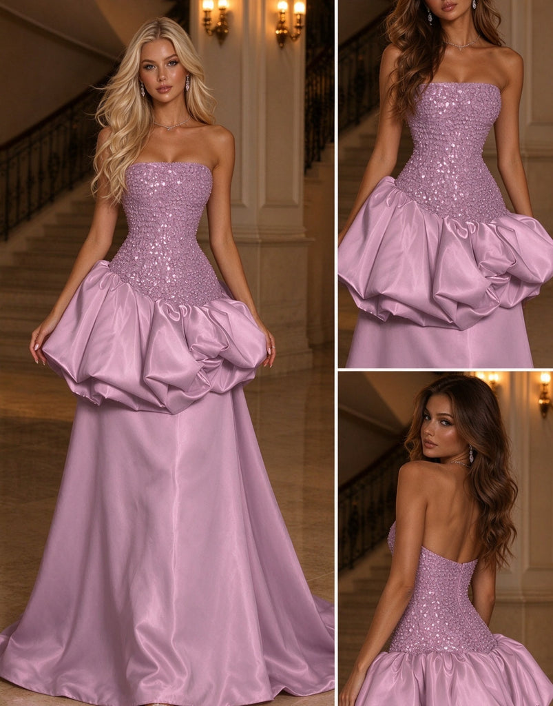 Lovely Dusty Pink Sequin Satin Strapless Puffy Skirt Long Prom Dress,PDS118784