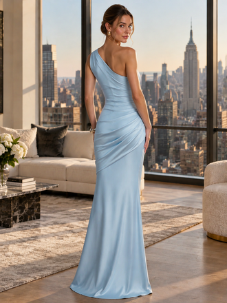Luxury Baby Blue One Shoulder Ruched Satin Mermaid Evening Dress,PDS118814