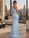 Luxury Baby Blue One Shoulder Ruched Satin Mermaid Evening Dress,PDS118814