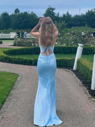 Simple Blue V-Neck Spaghetti Straps Sleeveless Mermaid Long Prom Party Dress,PDS11780