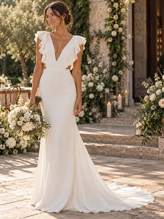 Chic Deep V Ruffle Strap Cutout Waist Chiffon Mermaid Wedding Dress, WD0402