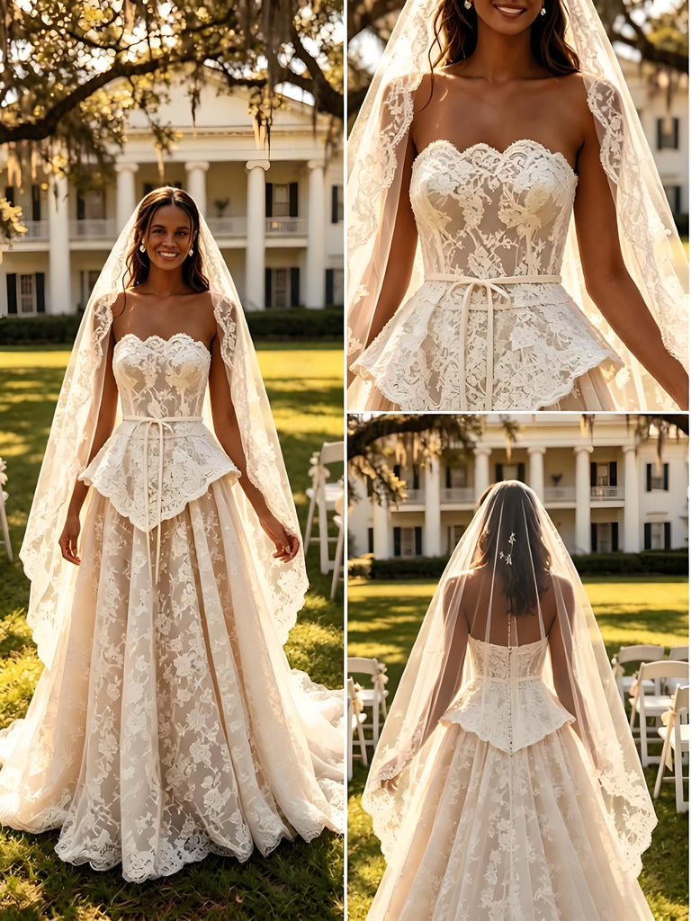 Luxury Strapless Sleeveless Lace A-Line Floor Length Long Wedding Dresses, WD0366
