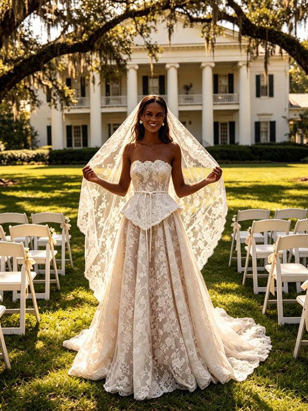 Luxury Strapless Sleeveless Lace A-Line Floor Length Long Wedding Dresses, WD0366