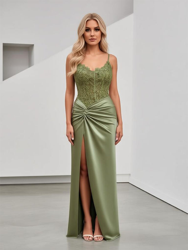 Sexy Sage Lace Top Knot Side Slit Sleeveless Mermaid Long Prom Party Dress,PDS11831