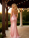 Blush Pink V-Neck Lace Trim Satin Slit Mermaid Formal Party Dress,PDS118605