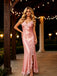 Blush Pink V-Neck Lace Trim Satin Slit Mermaid Formal Party Dress,PDS118605