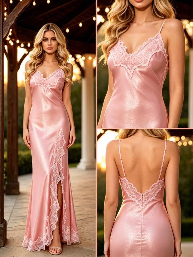 Blush Pink V-Neck Lace Trim Satin Slit Mermaid Formal Party Dress,PDS118605
