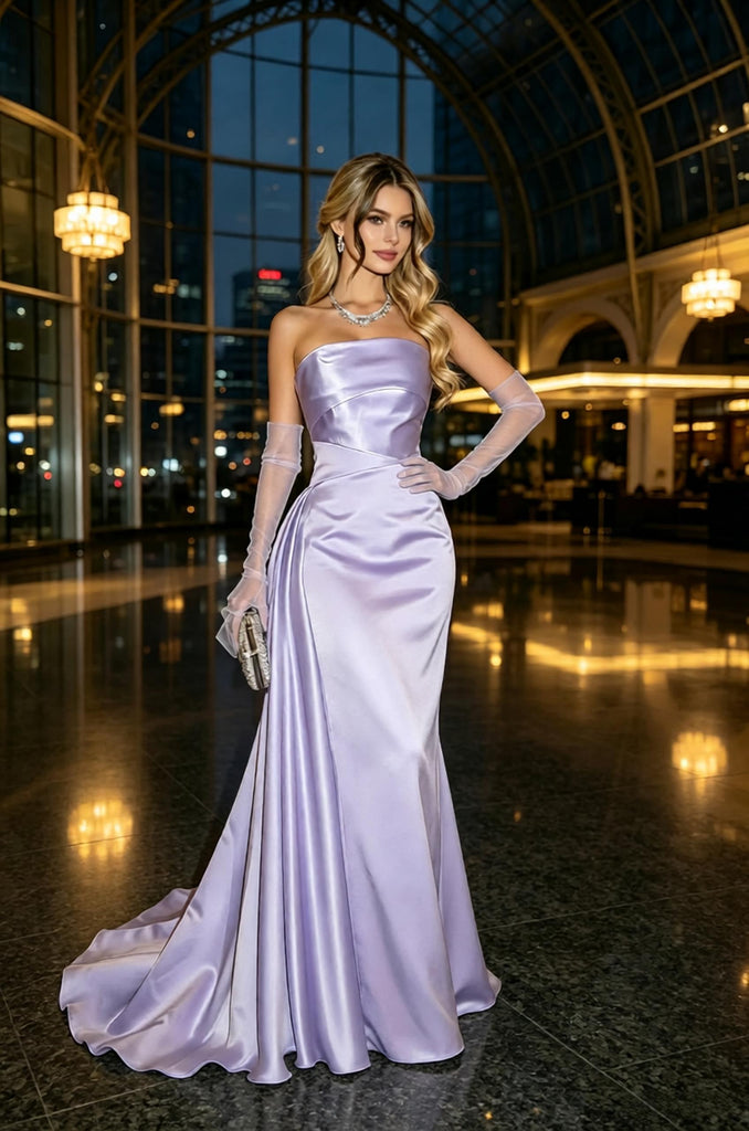 Lavender Satin Strapless Pleated Long Prom Dress With Detachable Train,PDS118609