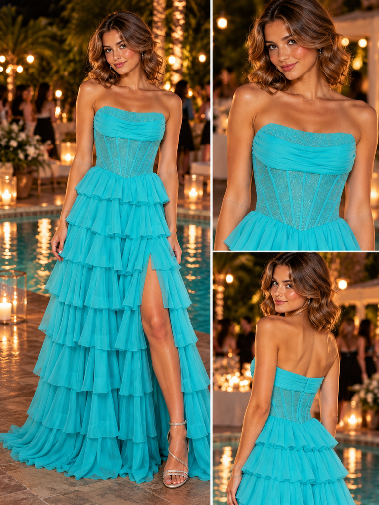 Stunning Strapless Corset Tiered Chiffon Slit Long Evening Gown,PDS118708