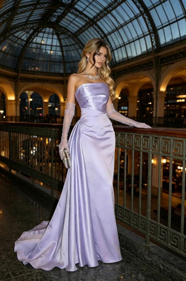 Lavender Satin Strapless Pleated Long Prom Dress With Detachable Train,PDS118609