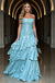 Sky Blue Shiny Ruffled Tiered Strapless Matellic A-Line Evening Gown,PDS118610