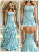 Sky Blue Shiny Ruffled Tiered Strapless Matellic A-Line Evening Gown,PDS118610
