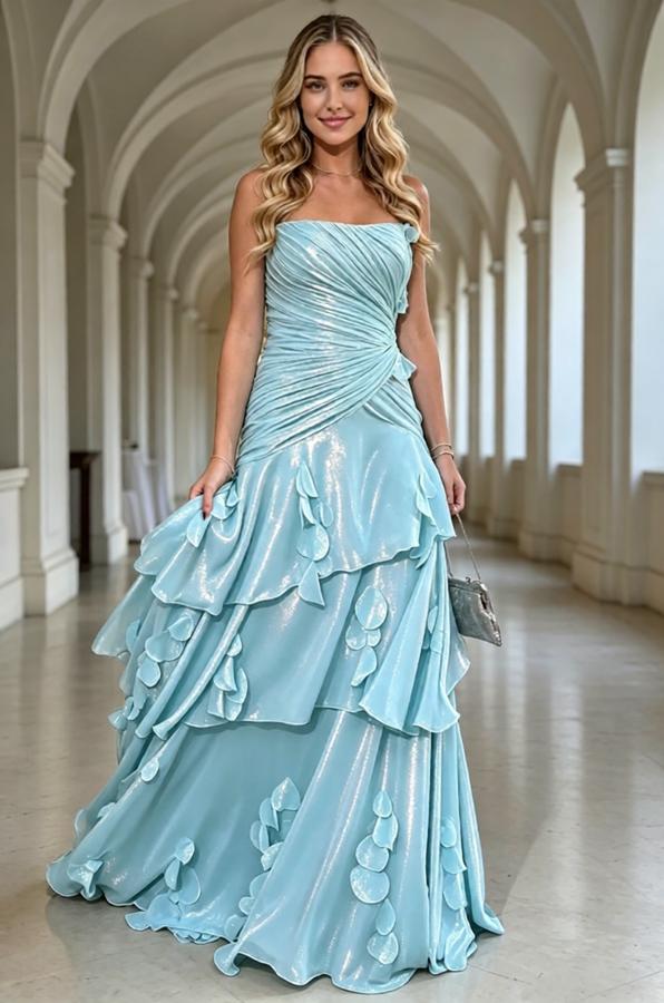 Sky Blue Shiny Ruffled Tiered Strapless Matellic A-Line Evening Gown,PDS118610
