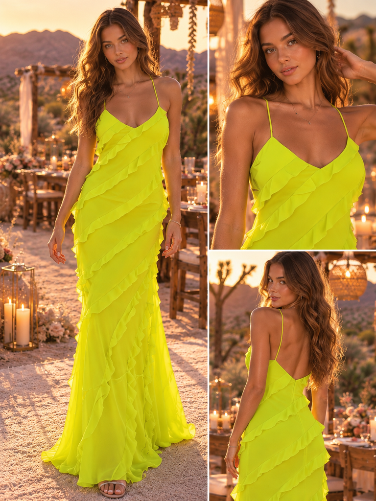 Bright Spaghetti Strap V Neck Ruffled Chiffon Mermaid Prom Dress,PDS118709