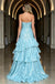 Sky Blue Shiny Ruffled Tiered Strapless Matellic A-Line Evening Gown,PDS118610