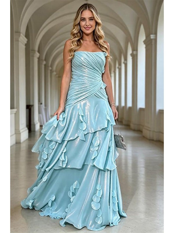Sky Blue Shiny Ruffled Tiered Strapless Matellic A-Line Evening Gown,PDS118610