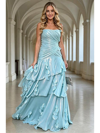Sky Blue Shiny Ruffled Tiered Strapless Matellic A-Line Evening Gown,PDS118610