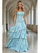 Sky Blue Shiny Ruffled Tiered Strapless Matellic A-Line Evening Gown,PDS118610