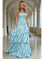 Sky Blue Shiny Ruffled Tiered Strapless Matellic A-Line Evening Gown,PDS118610