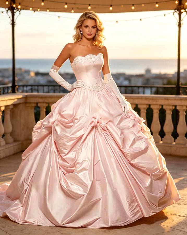 Blush Pink Satin Strapless Lace Appliqued Ball Gown Prom Dress,PDS118611