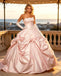 Blush Pink Satin Strapless Lace Appliqued Ball Gown Prom Dress,PDS118611