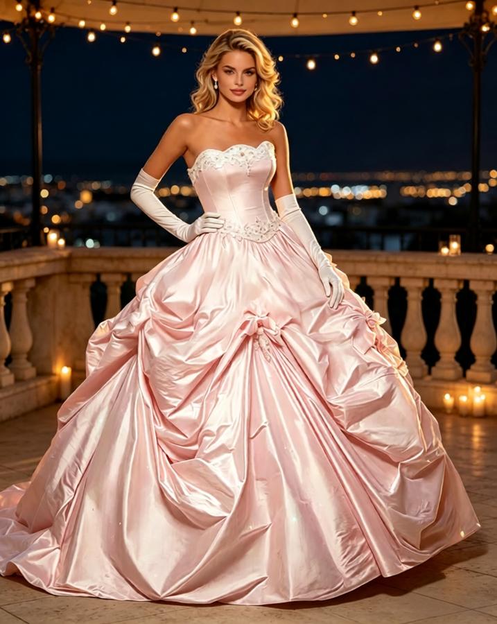 Blush Pink Satin Strapless Lace Appliqued Ball Gown Prom Dress,PDS118611
