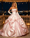 Blush Pink Satin Strapless Lace Appliqued Ball Gown Prom Dress,PDS118611