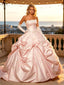Blush Pink Satin Strapless Lace Appliqued Ball Gown Prom Dress,PDS118611