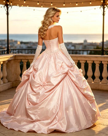 Blush Pink Satin Strapless Lace Appliqued Ball Gown Prom Dress,PDS118611