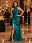 Elegant Halter Sleeveless Satin Twist Front Slit Long Formal Dress,PDS118710