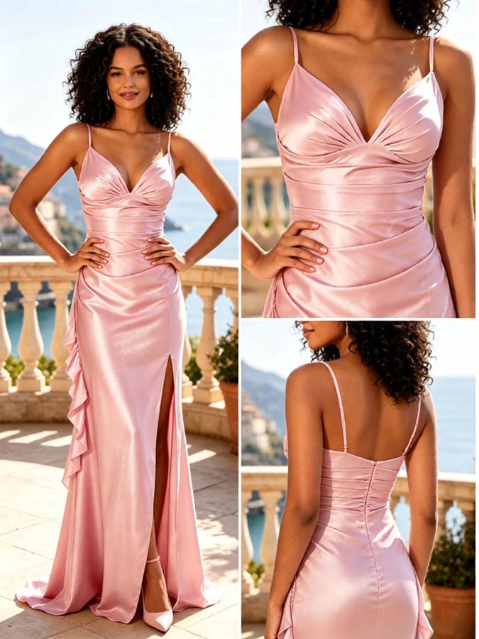 Dusty Pink Satin Spaghetti Strap V-Neck High Slit Mermaid Prom Dress,PDS118612