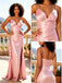 Dusty Pink Satin Spaghetti Strap V-Neck High Slit Mermaid Prom Dress,PDS118612