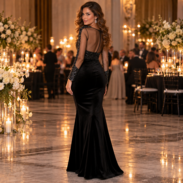 Glamorous Velvet Beaded Mesh Long Sleeve Mermaid Evening Dress,PDS118711
