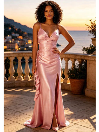 Dusty Pink Satin Spaghetti Strap V-Neck High Slit Mermaid Prom Dress,PDS118612